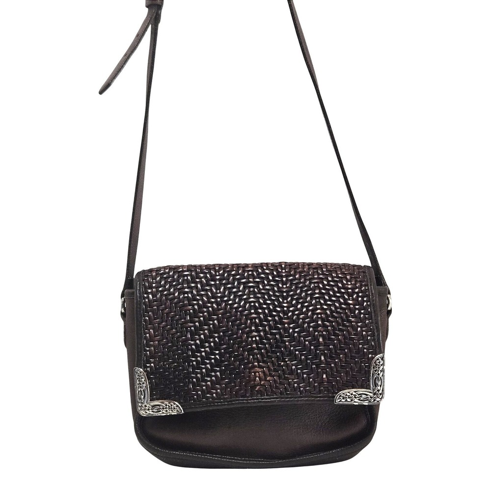 Vintage Brighton Purse Handbag Woven Flap Brown Leather Crossbody Snap Strap
